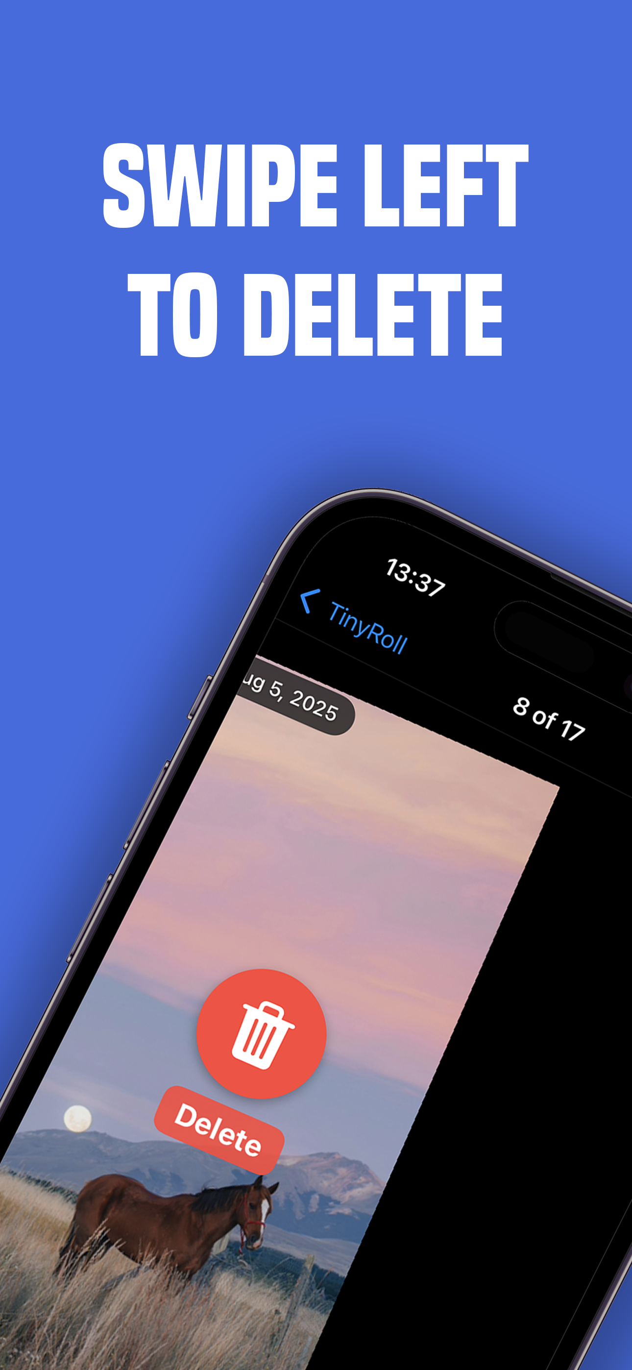 왼쪽으로 스와이프하여 불필요한 사진 삭제