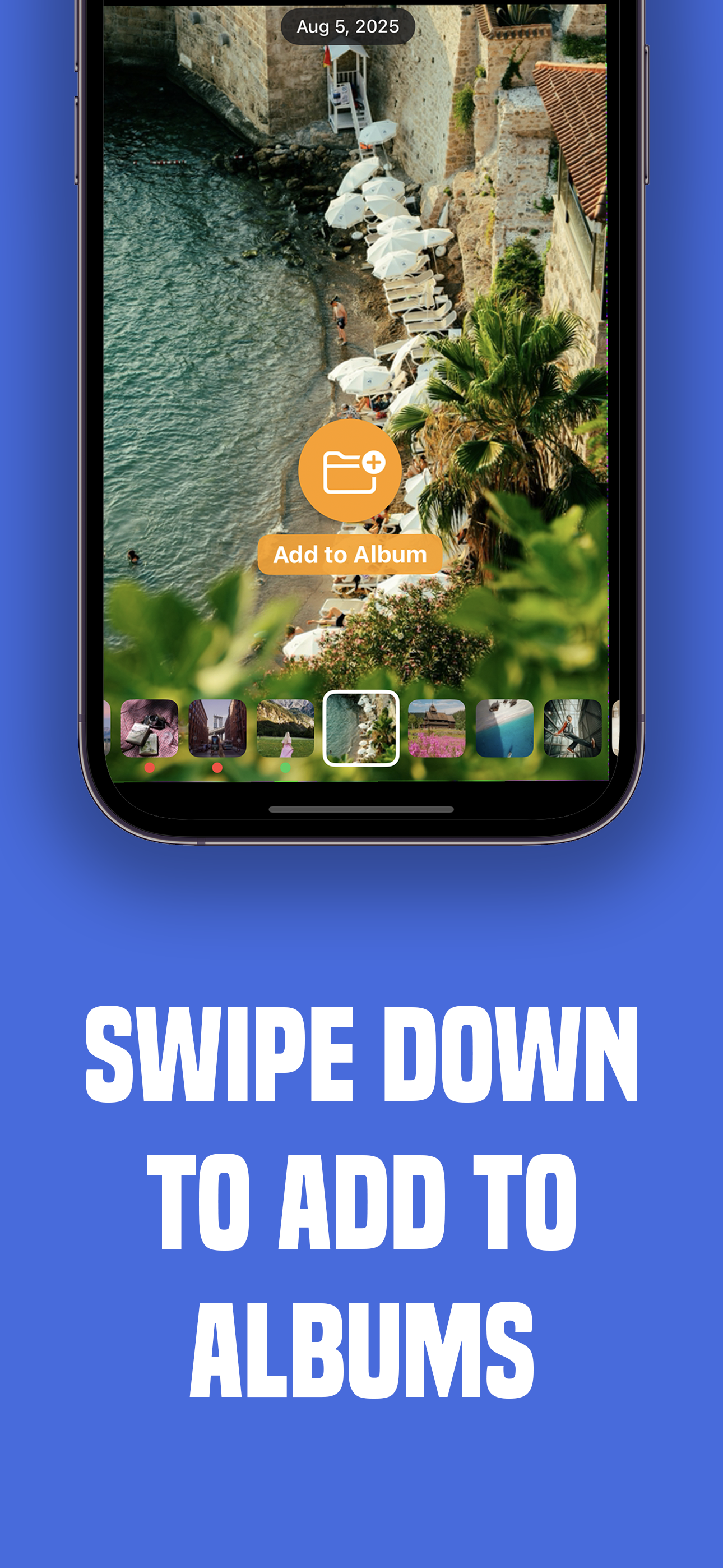 아래로 스와이프하여 사진을 앨범에 추가